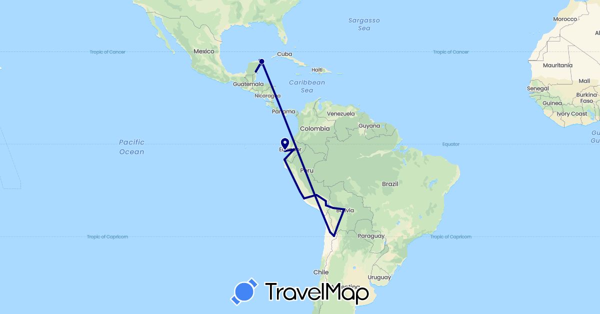TravelMap itinerary: driving in Bolivia, Chile, Ecuador, Mexico, Peru (North America, South America)